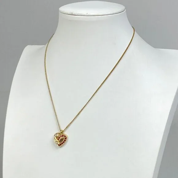 Christian Dior Heart Motif Rhinestone Necklace Pendant Necklace GP Gold Red - Picture 4 of 4